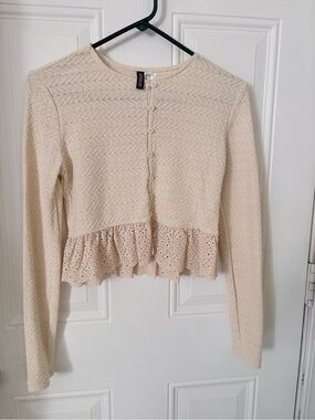 Cream Crochet Peplum Button-Front Cardigan